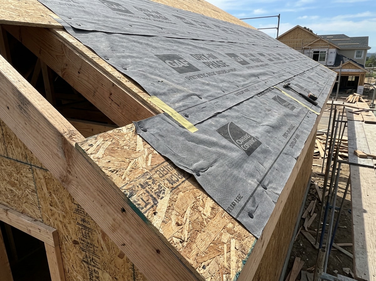 New construction roof deck with underlayment installed during the dry-in phase in Orange County