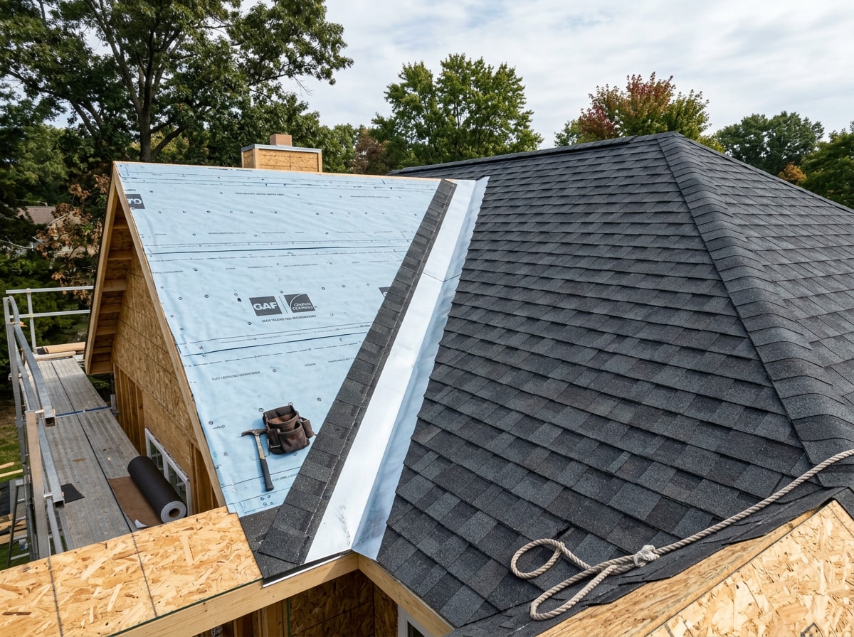 Jobsite view of underlayment, flashing, and roofing material installed in sequence on a new build