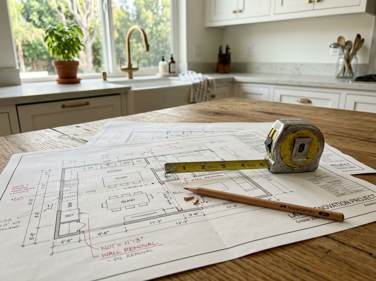 Licensed general contractor reviewing renovation blueprints with a homeowner in a Los Angeles County kitchen