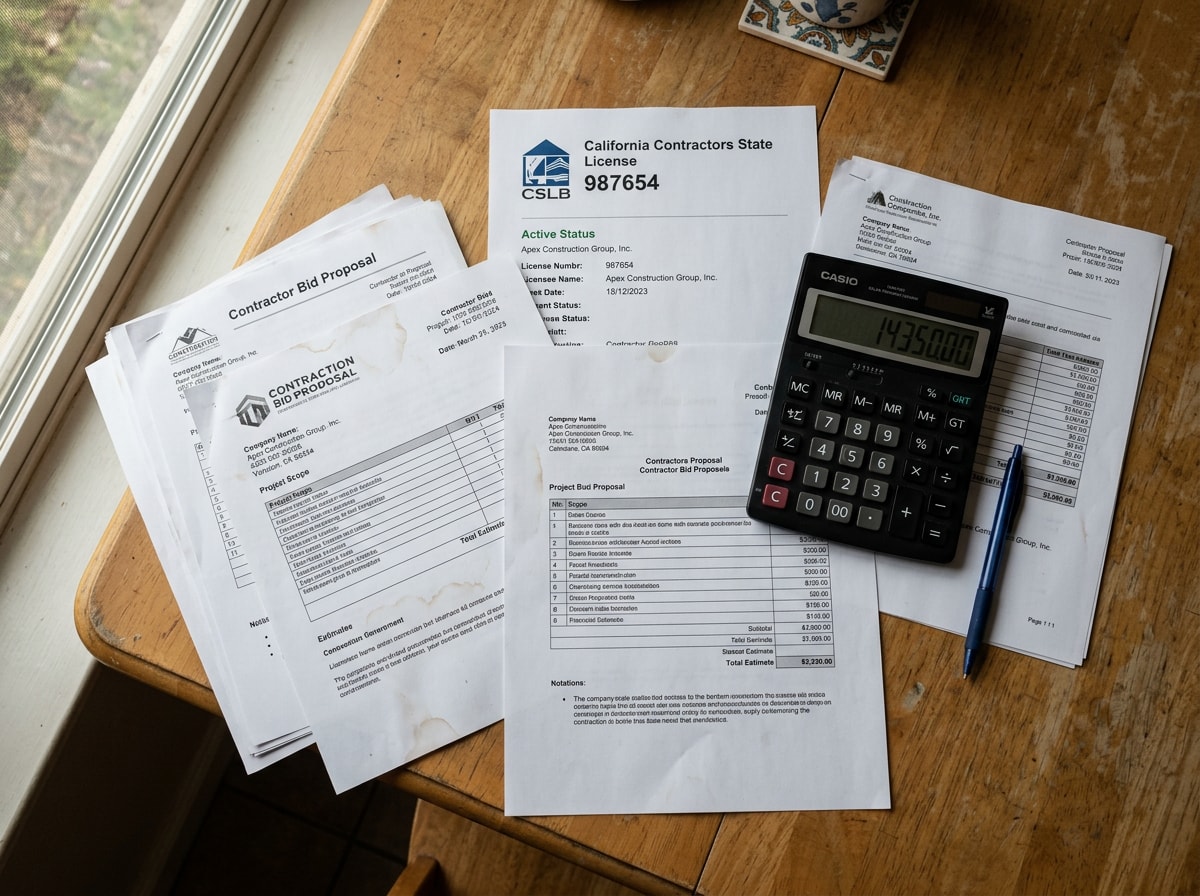 Homeowner comparing contractor bids and license documents at a kitchen table