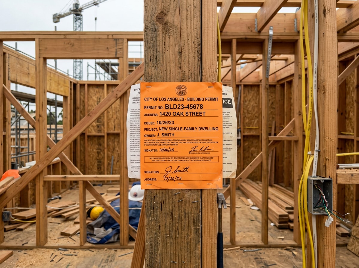 Building permit and inspection tag posted at a Los Angeles County residential construction site