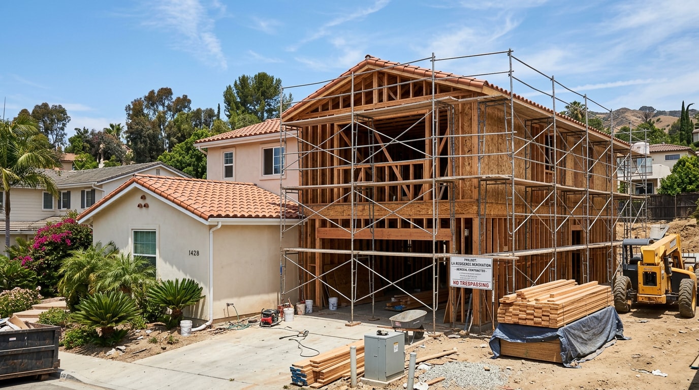 Residential general contractor construction site during a home renovation in Los Angeles County