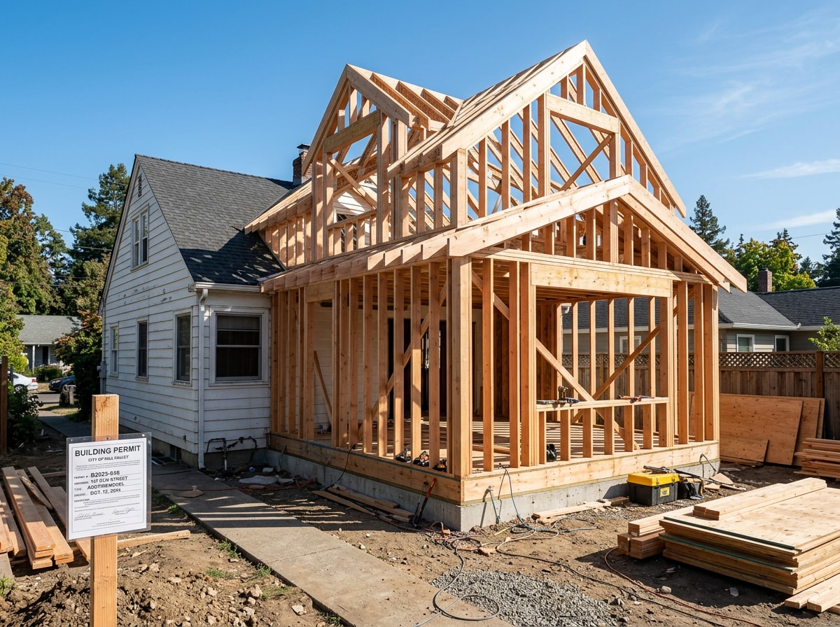 Room addition process timeline graphic showing design, permitting, and construction phases for Orange County home additions
