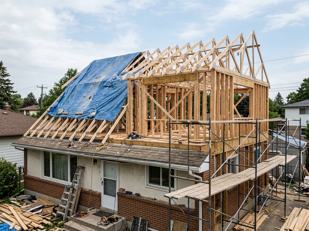 Framed second story addition under construction on a single-story ranch home with visible roof trusses