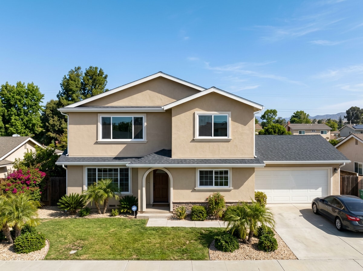 Completed upper-level addition on a Granada Hills home with new windows and matched exterior finishes