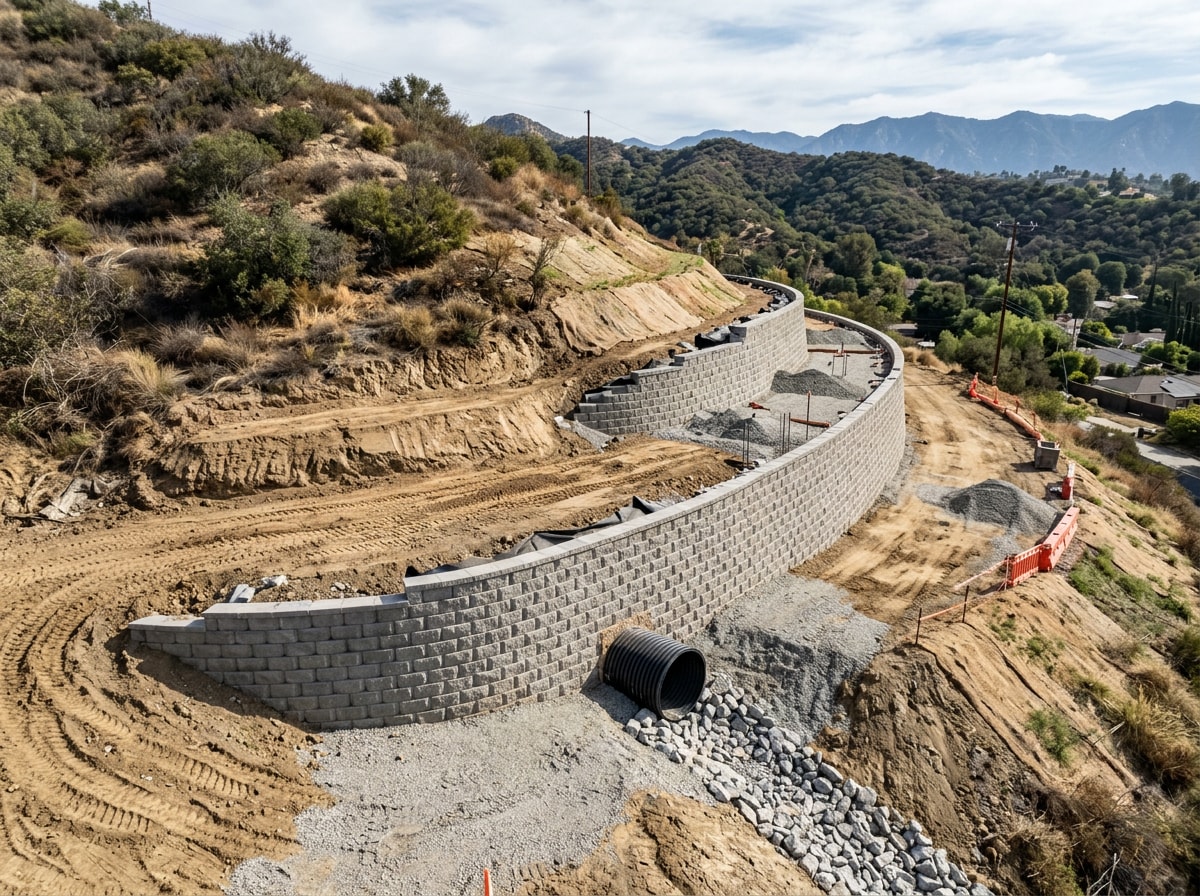 Hillside grading and retaining wall construction on a sloped Pasadena property