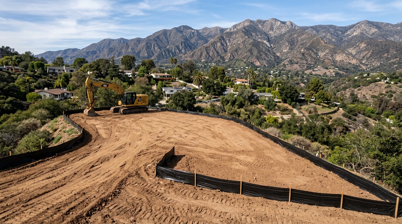 Freshly graded hillside building pad with erosion control at a Pasadena, CA site preparation project Freshly graded hillside building pad with erosion control at a Pasadena, CA site preparation project
