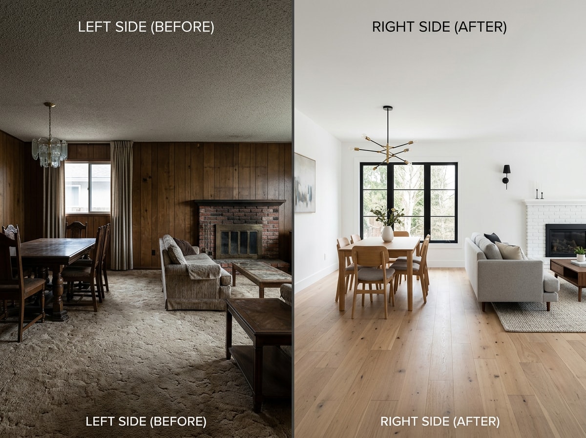 Before and after view of a North Hollywood living and dining room remodel with new flooring and finishes