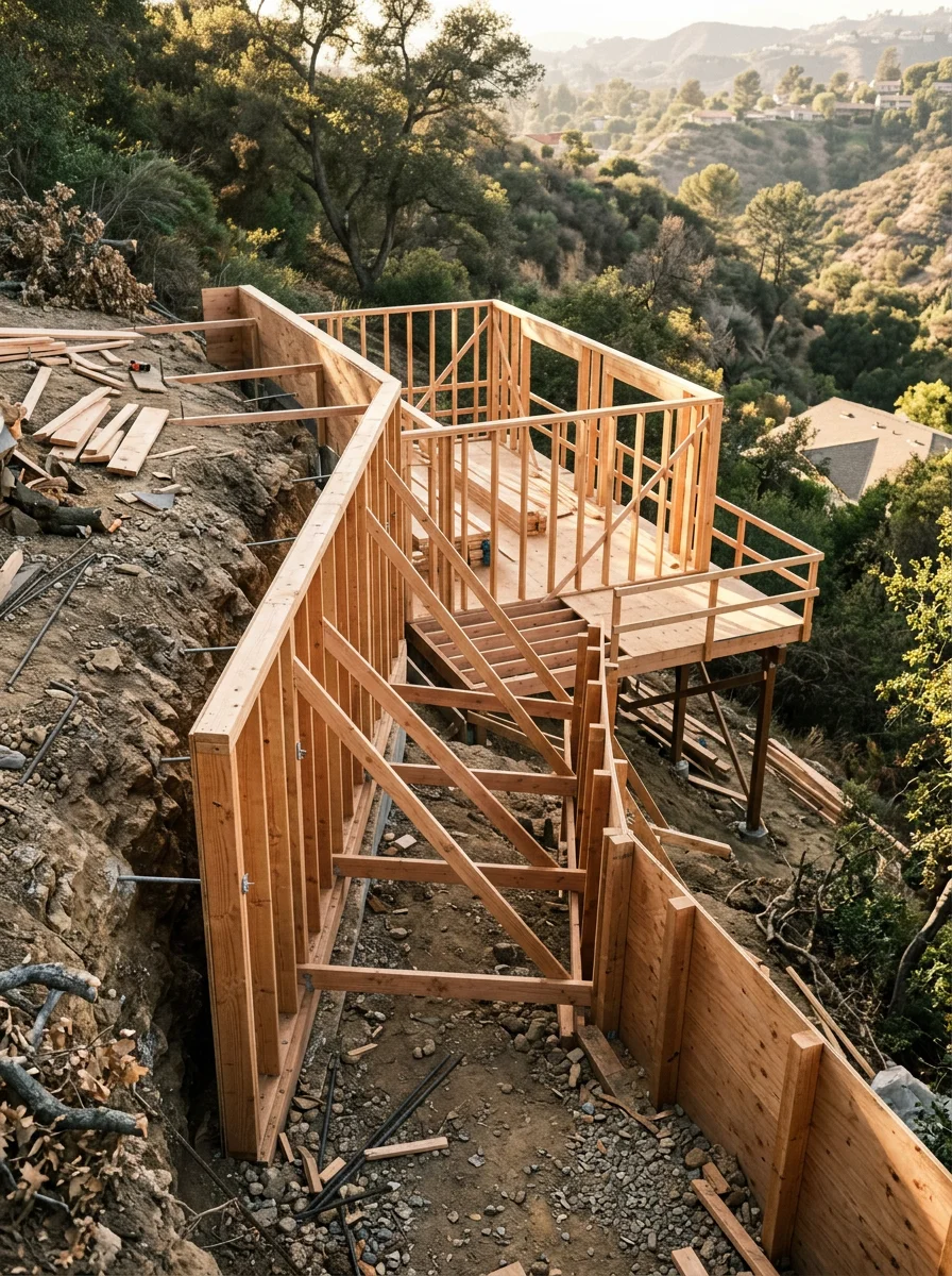 Hillside residential lot in Glendale's Chevy Chase Canyon area showing a detached ADU under construction on a steep grade with retaining wall framing in the foreground.