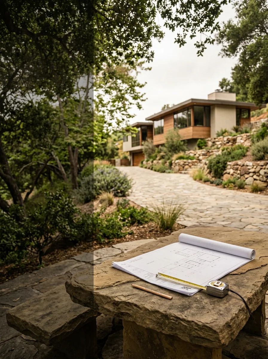 General contractor reviewing plans on a La Canada Flintridge estate property during a home renovation project, with a 1960s-era custom home and winding driveway visible behind.