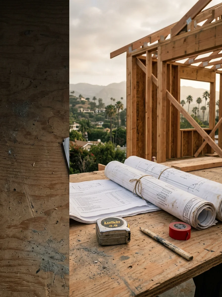 General contractor reviewing construction plans on a Los Angeles County job site with a partially framed custom home addition visible in the background.