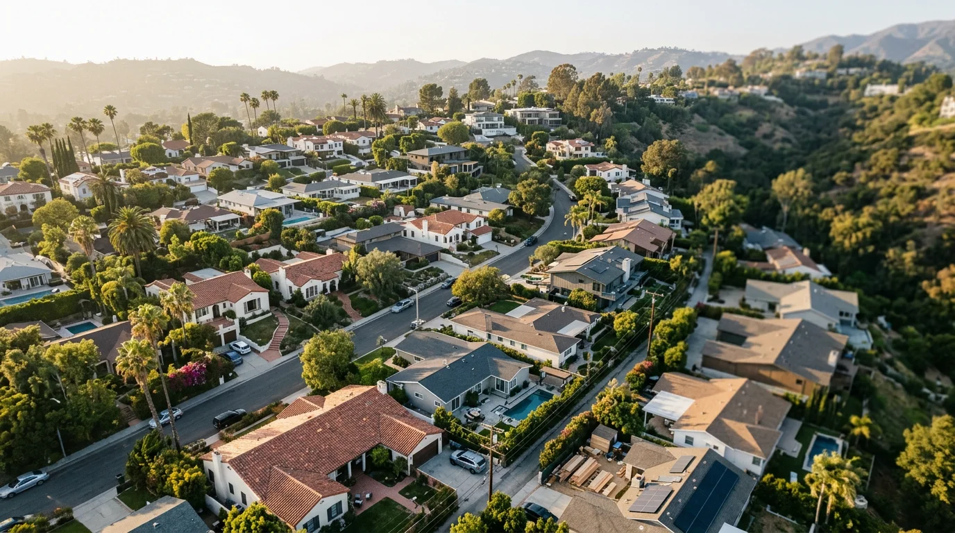 Aerial view of a Los Angeles County residential neighborhood showing a mix of Spanish Colonial bungalows, post-war ranch homes, and hillside custom builds on varying lot sizes.