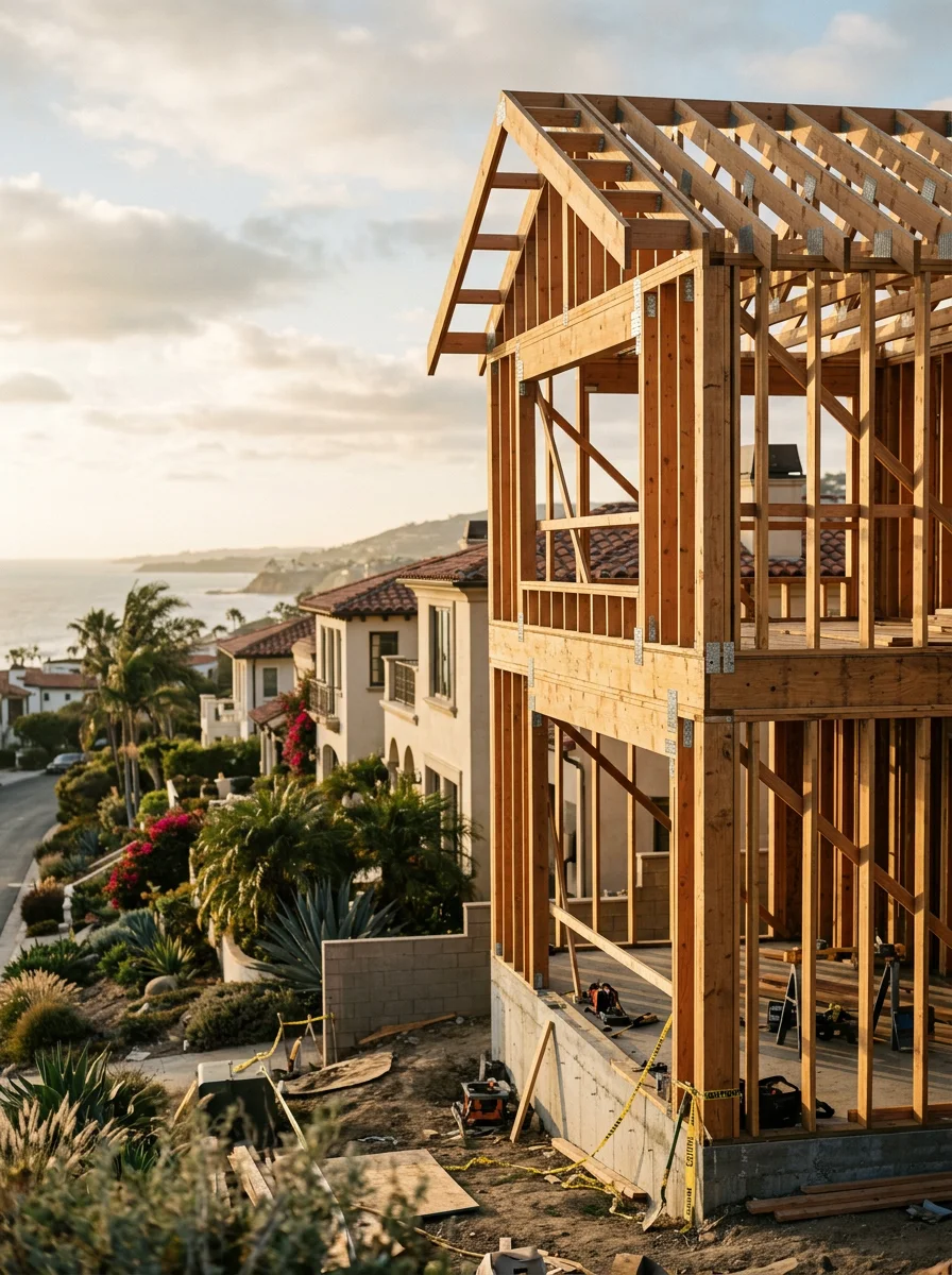 Custom home under construction in a coastal Orange County neighborhood near Newport Beach, showing new framing with corrosion-resistant hardware and ocean-adjacent residential street visible behind.