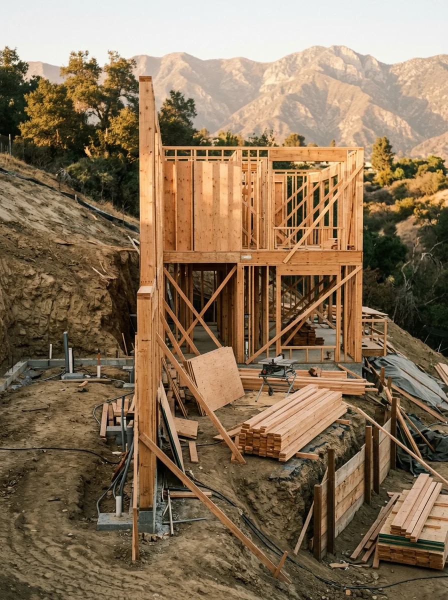 Custom home under construction on a hillside lot in Pasadena's San Rafael Hills area, showing wood framing on a sloped parcel with mountain views in the background.