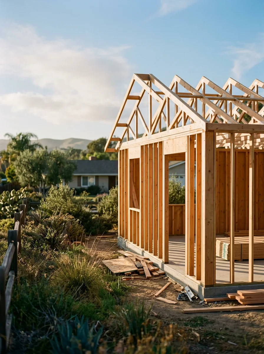 Detached ADU under construction on a flat suburban lot in Camarillo, Ventura County, showing new framing with an existing single-family home and mature landscaping in the background.