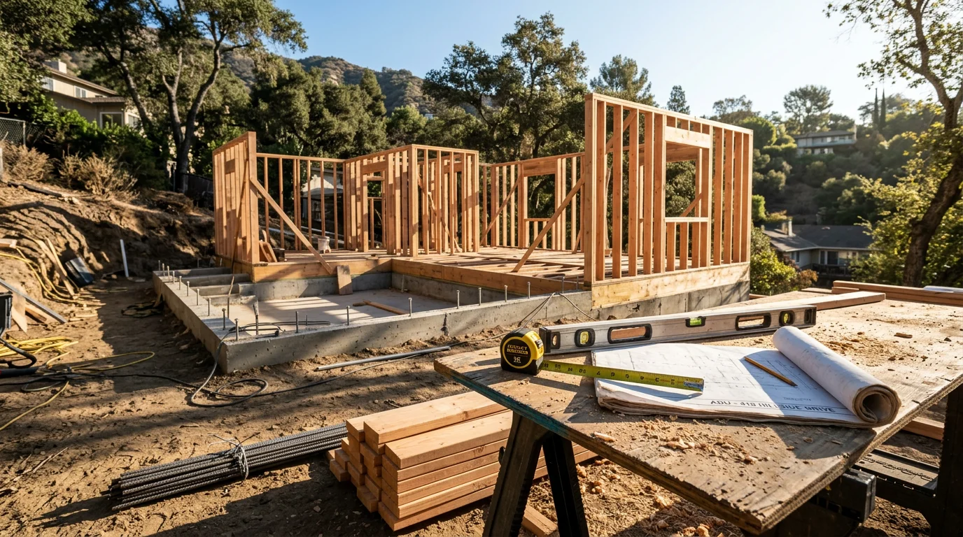 A newly completed detached ADU in a Los Angeles County backyard, showing a finished exterior with a private entrance and landscaped pathway. The compact structure sits separate from the main home on a residential lot typical of communities like Pasadena or Burbank.