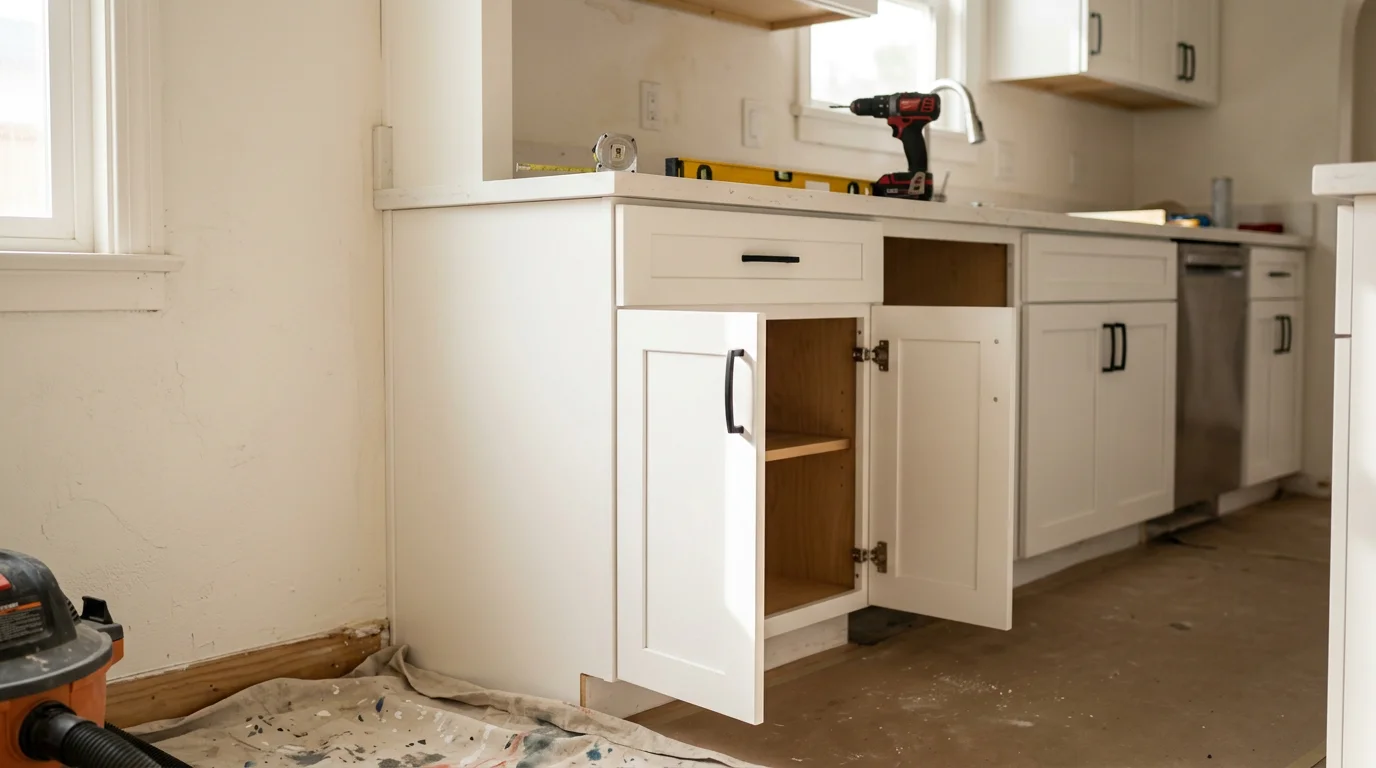 Newly installed custom kitchen cabinets in a Los Angeles County home, with floor-to-ceiling cabinetry fitted precisely to the kitchen walls and a clean, finished appearance throughout.