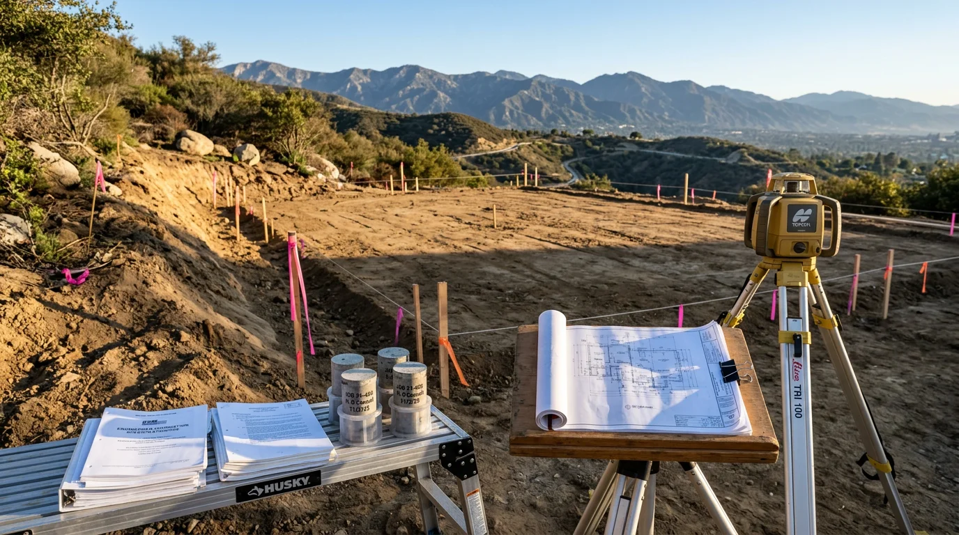 A newly completed custom home in Los Angeles County with a modern exterior, set on a sloped residential lot with visible foundation work and landscaping. Builder's Pathway Inc general contracting team oversaw the full build from site preparation through final inspection.