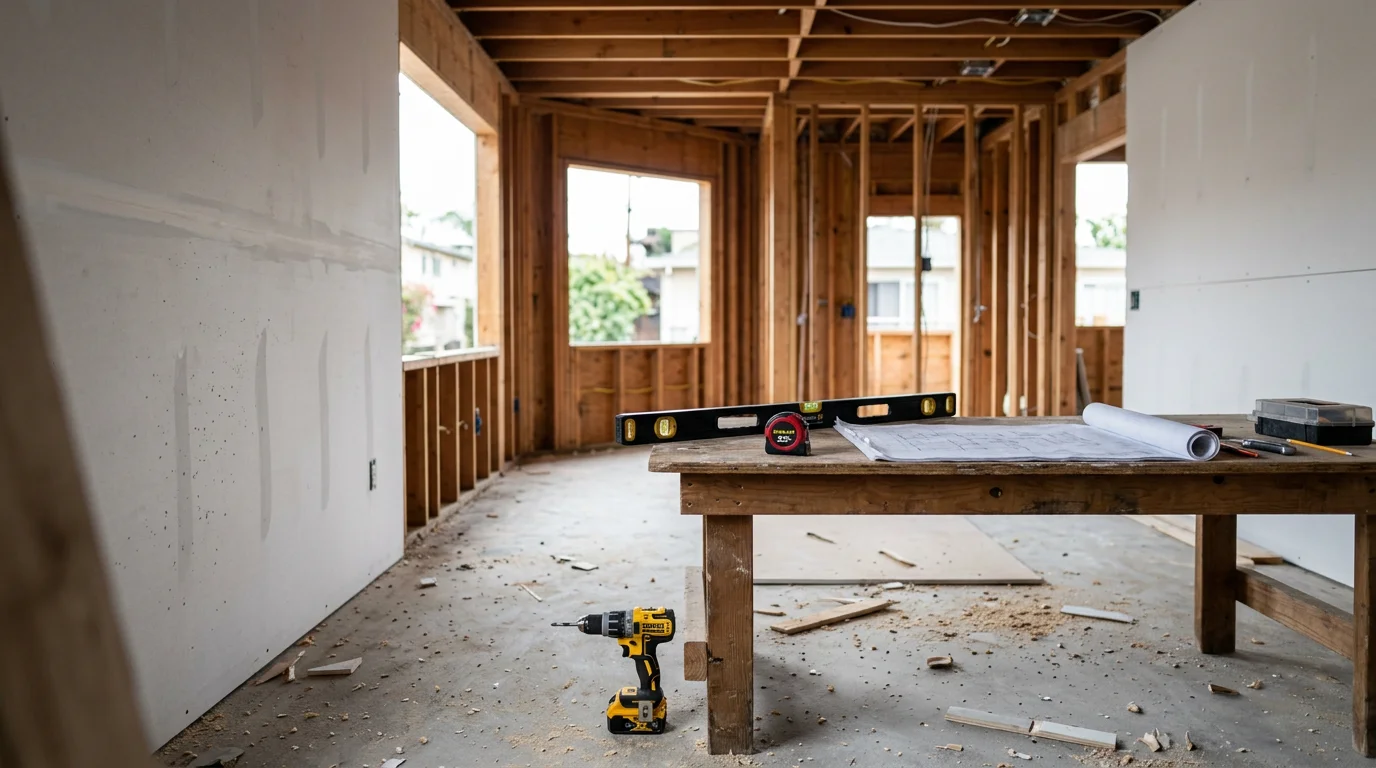 A general contractor overseeing active construction work on a residential property in Los Angeles County. Framed walls and coordinated trade work visible on a clear Southern California day.