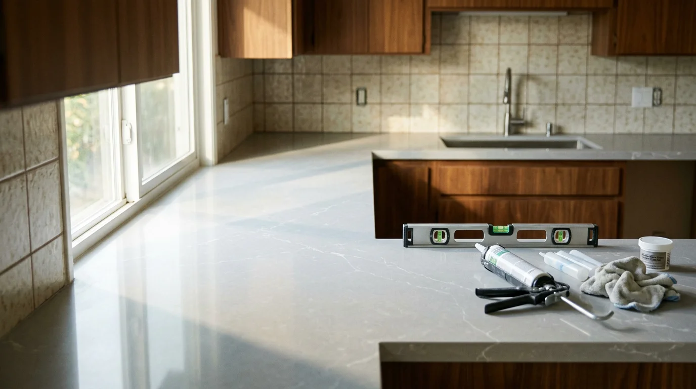 Newly installed stone kitchen countertop in a Los Angeles County home, showing clean edge profiles, a flush fit against painted cabinets, and a bright kitchen workspace ready for daily use.